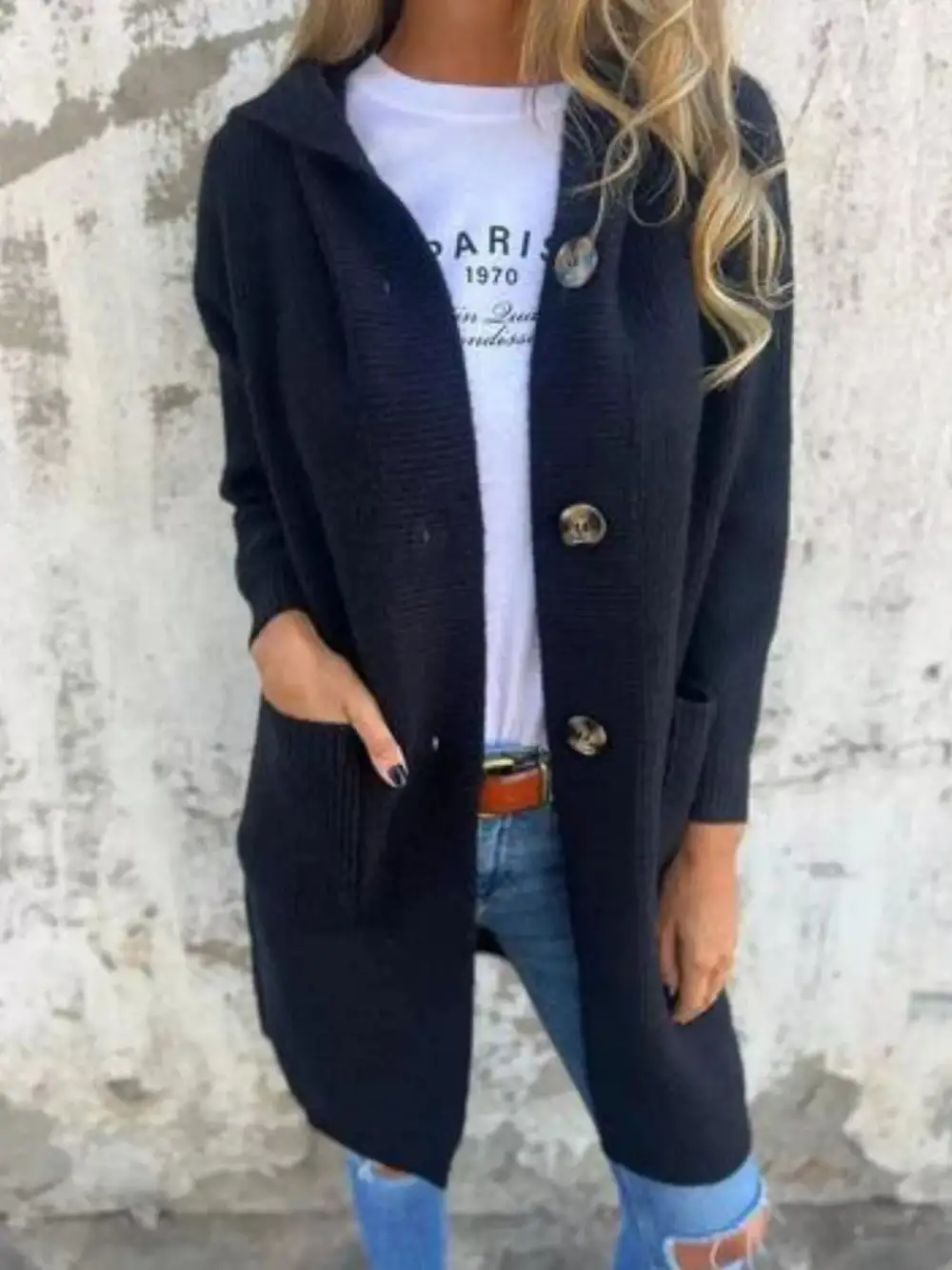 Full Size Button Down Hooded Cardigan Plus Size