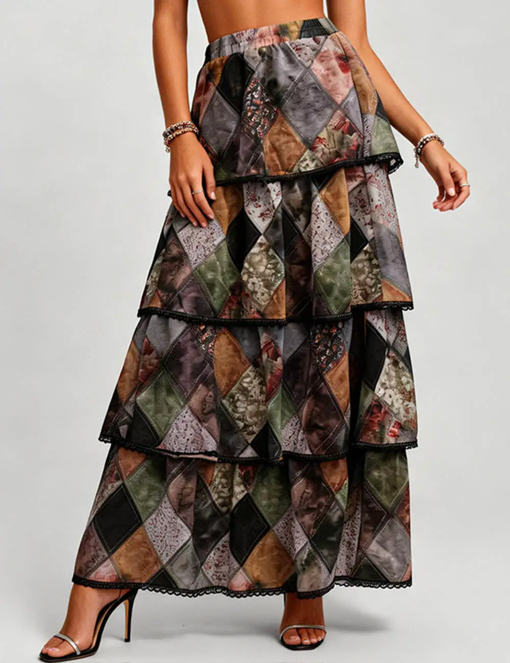 Diamond Pattern Tiered Ruffle Maxi Skirt