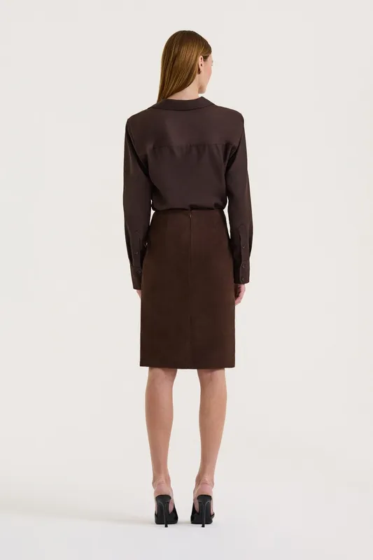 Chocolate Suede-Effect Tailored Skirt