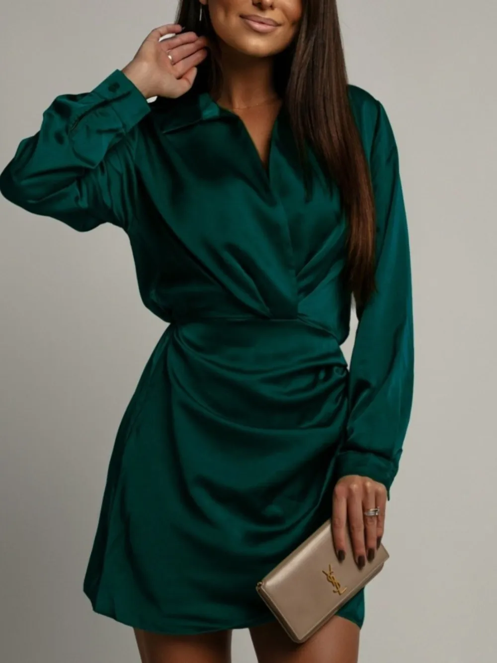 Satin Long Sleeve Collared Dress Casual