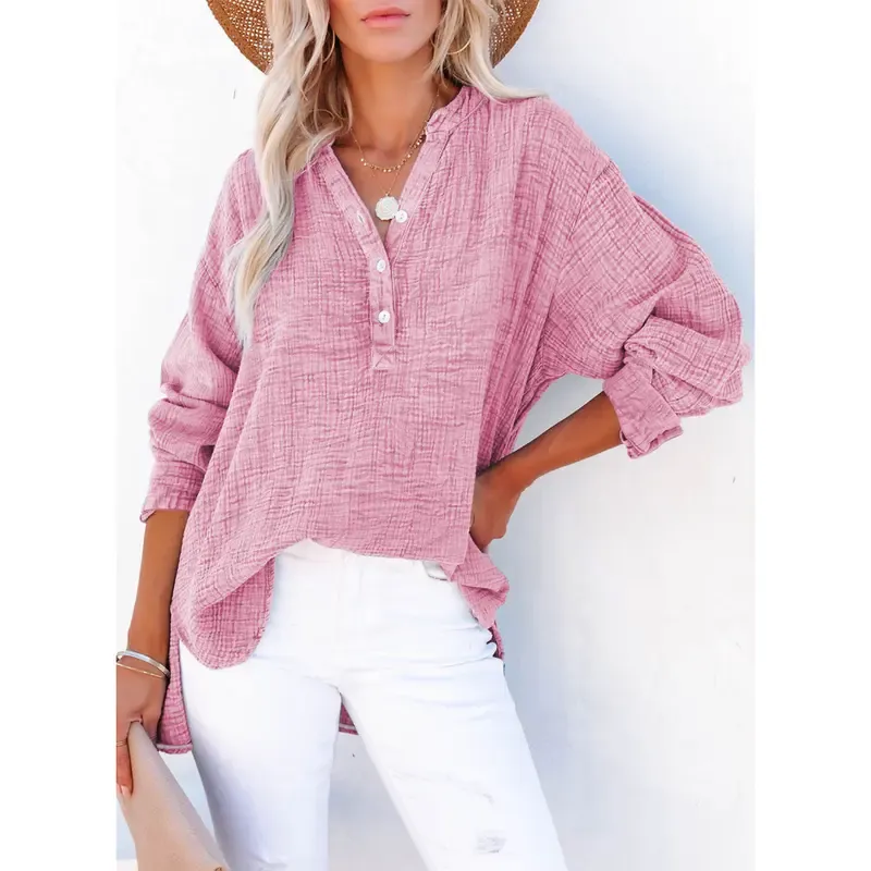 🔥Last Day 49% Offer-Women's Casual Button V Neck Long Sleeve Shirts Oversized Solid Blouses Tops 100% Cotton Boyfriend Style Loose Fit