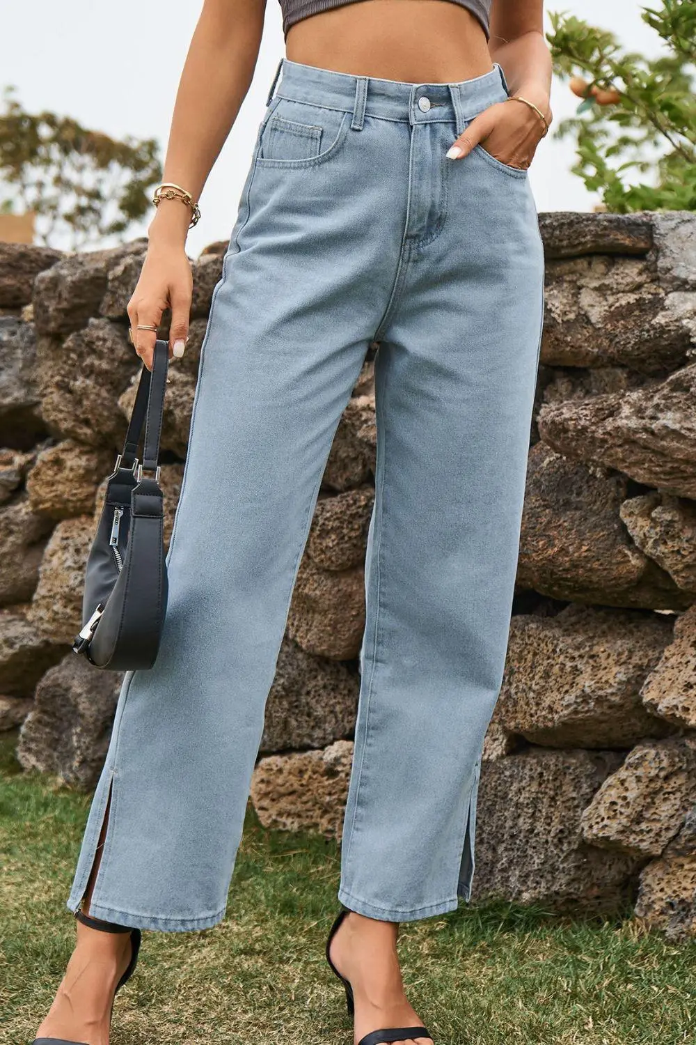 High Waist Loose Fit Slit Denim Jeans