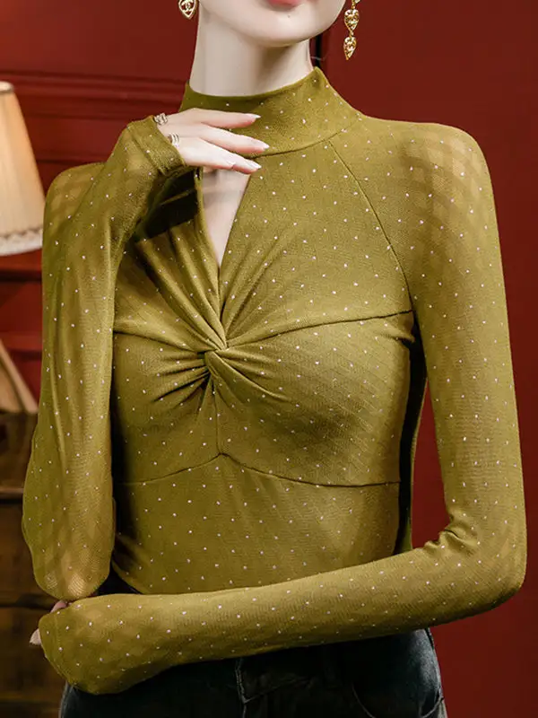 Long Sleeve Curve Fit Cutout Knot Polka Dot Rhine Stones Panel Detail Mock Neck T-Shirt