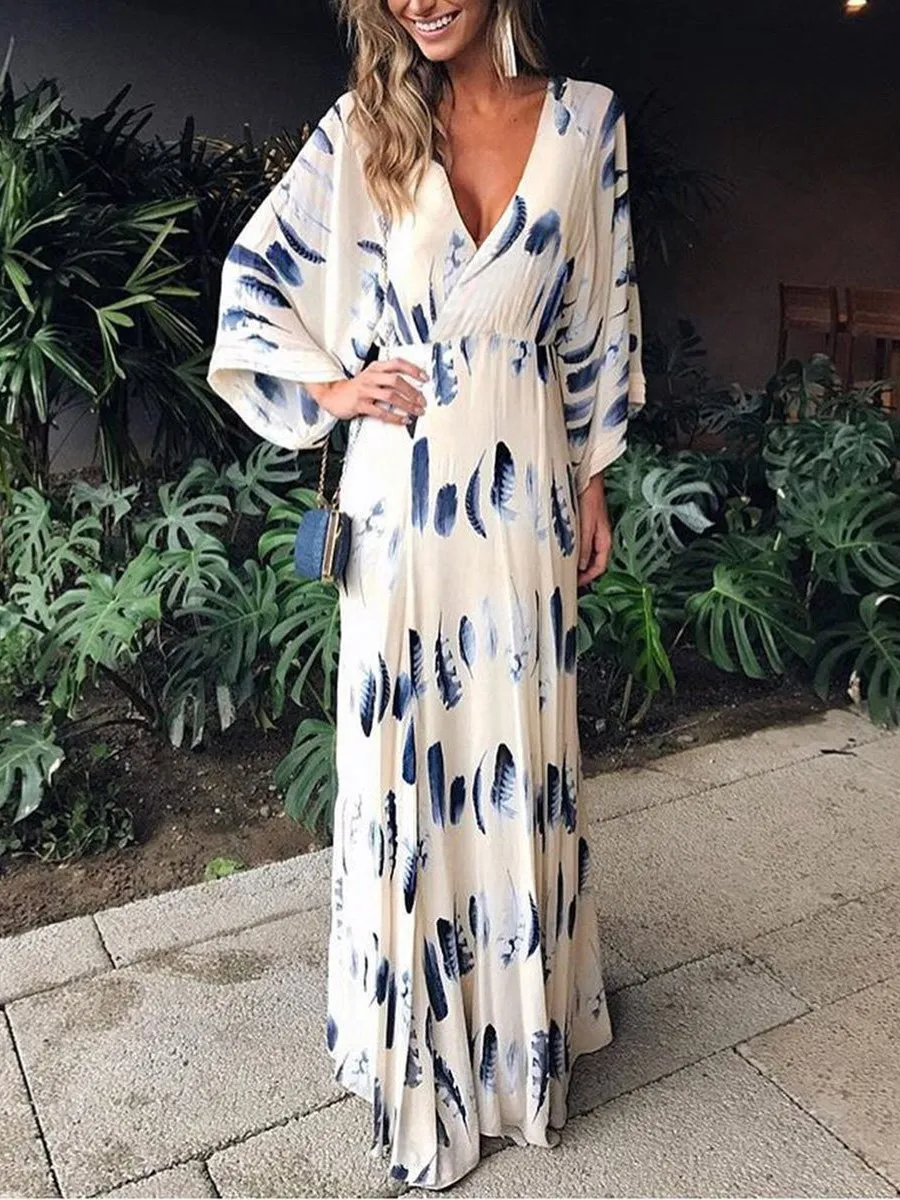 Sexy Floral Print Long Sleeves Vacation Maxi Dress