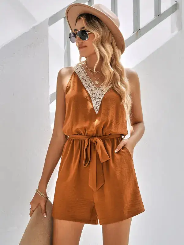 Lace V Neck Sleeveless Jumpsuit Belt