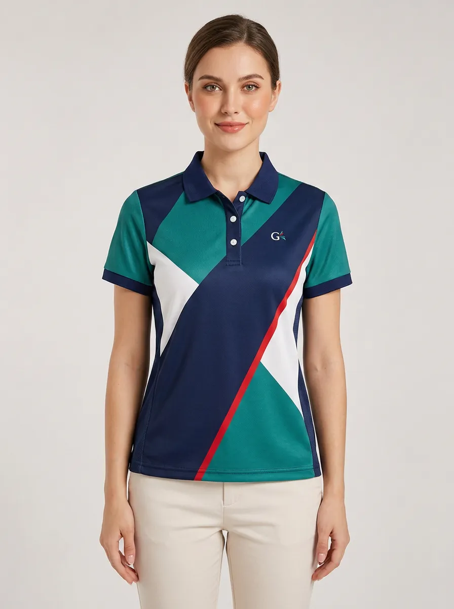 Women's Navy and Green Color-Block Polo Shirt