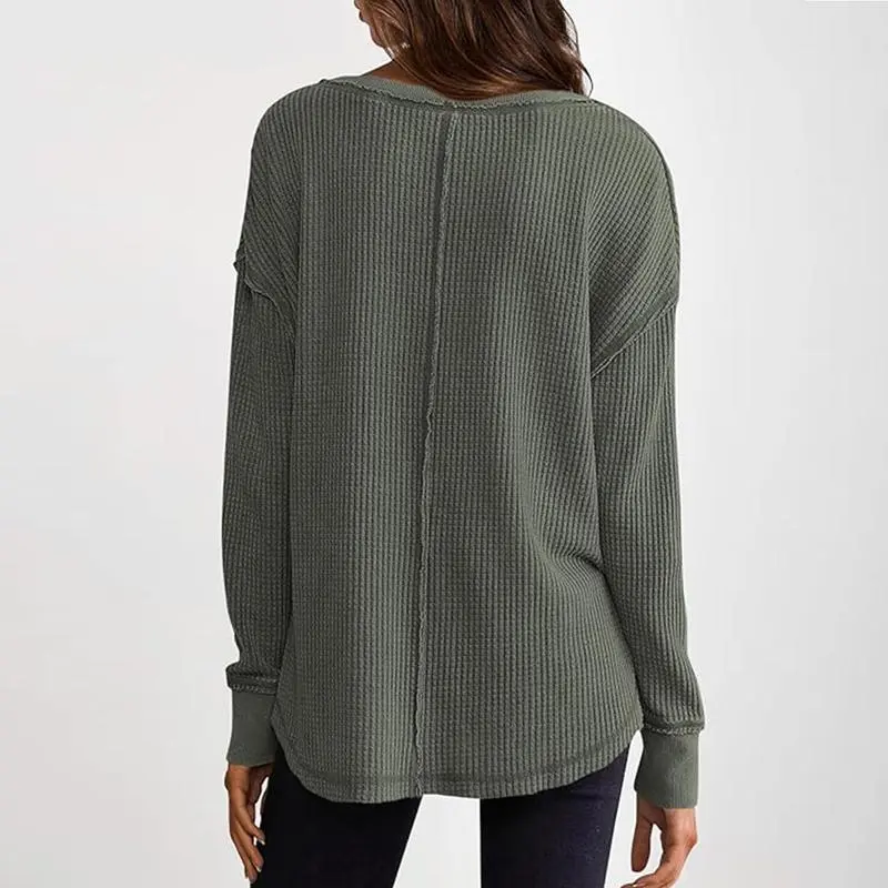 Women‘s Waffle Knit Long Sleeve Casual V Neck Shirts