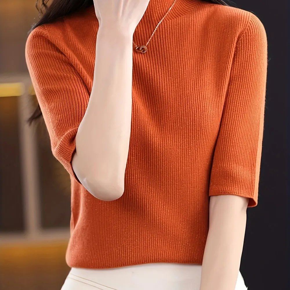 Mock Neck Knitted Top Casual Short Sleeve