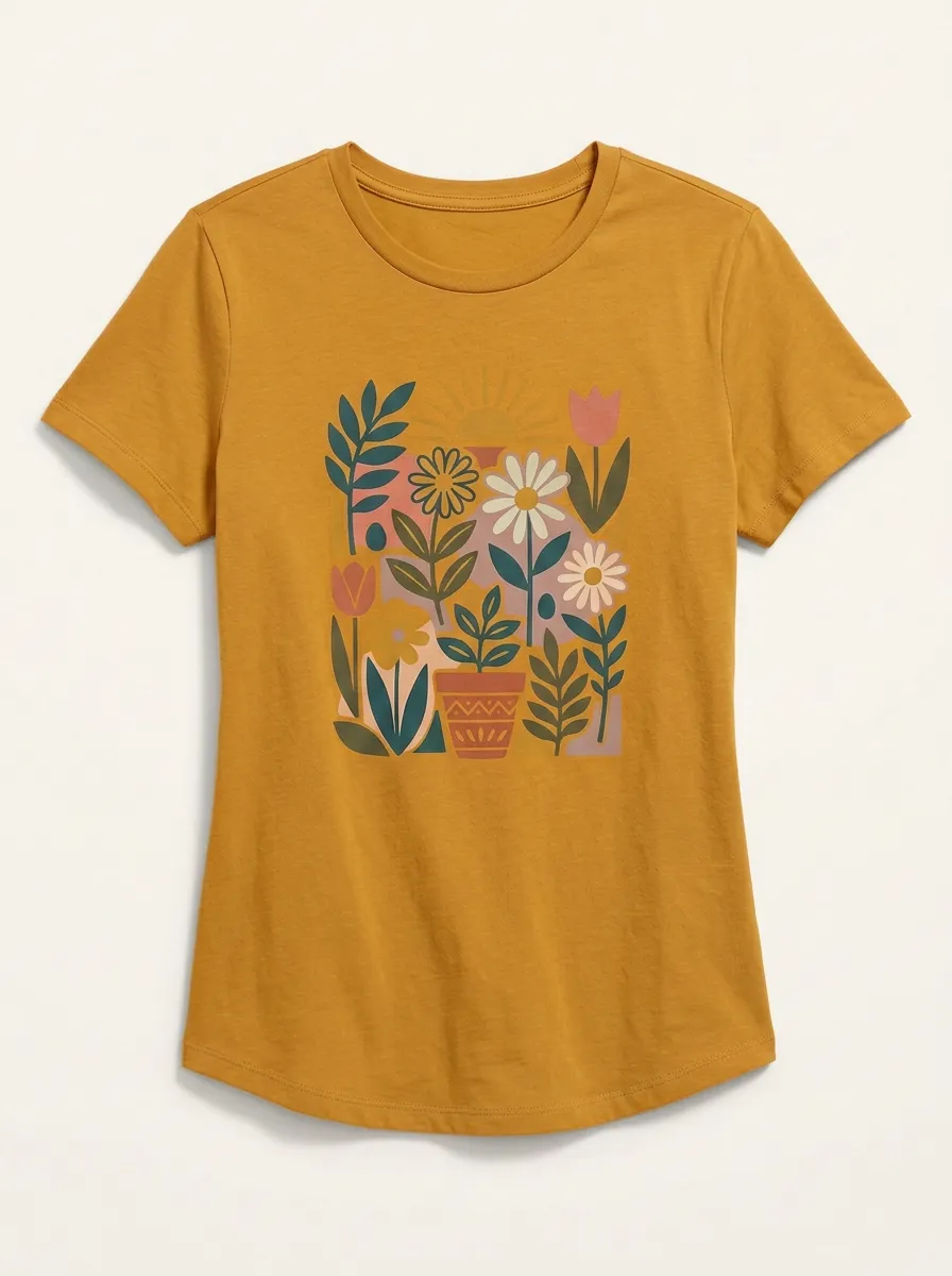 Women's Botanical Garden Sun Flower Pot Print T-Shirt