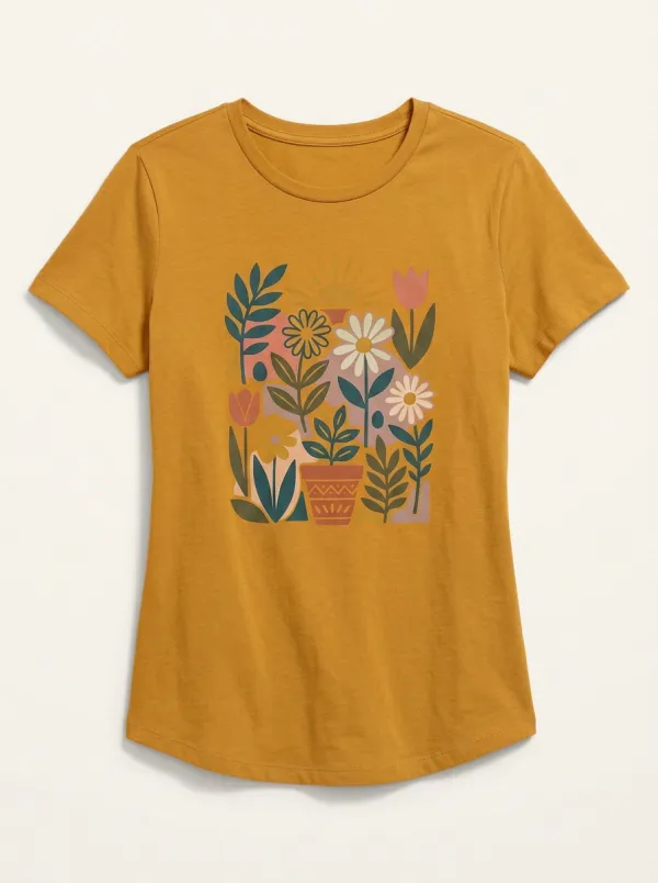 Women's Botanical Garden Sun Flower Pot Print T-Shirt