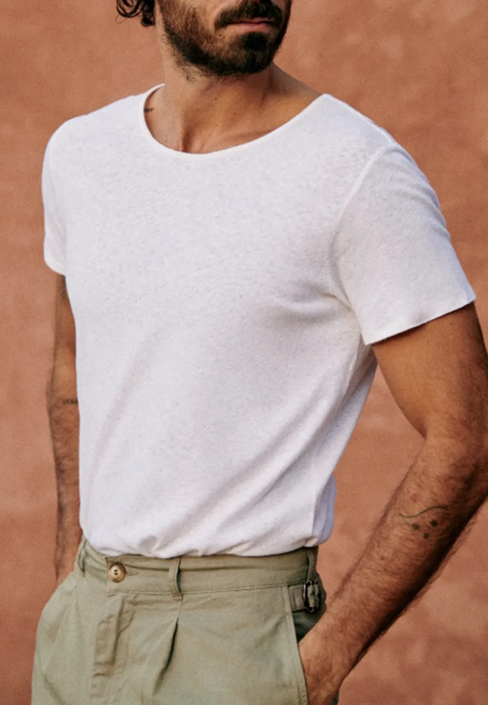 Cream Solid Cotton Crew Neck T-Shirt