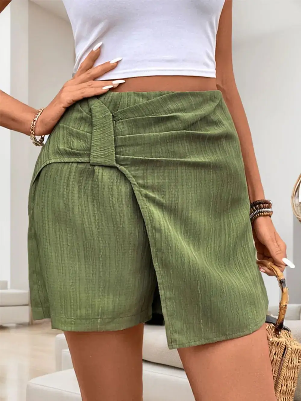 Ruched High-Rise Shorts With Back Zipper