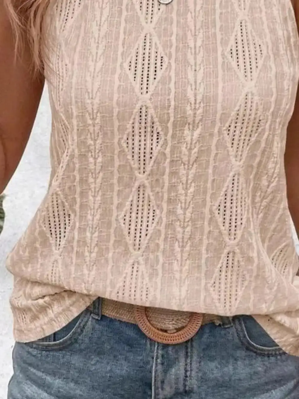 Round Neck Eyelet Textured