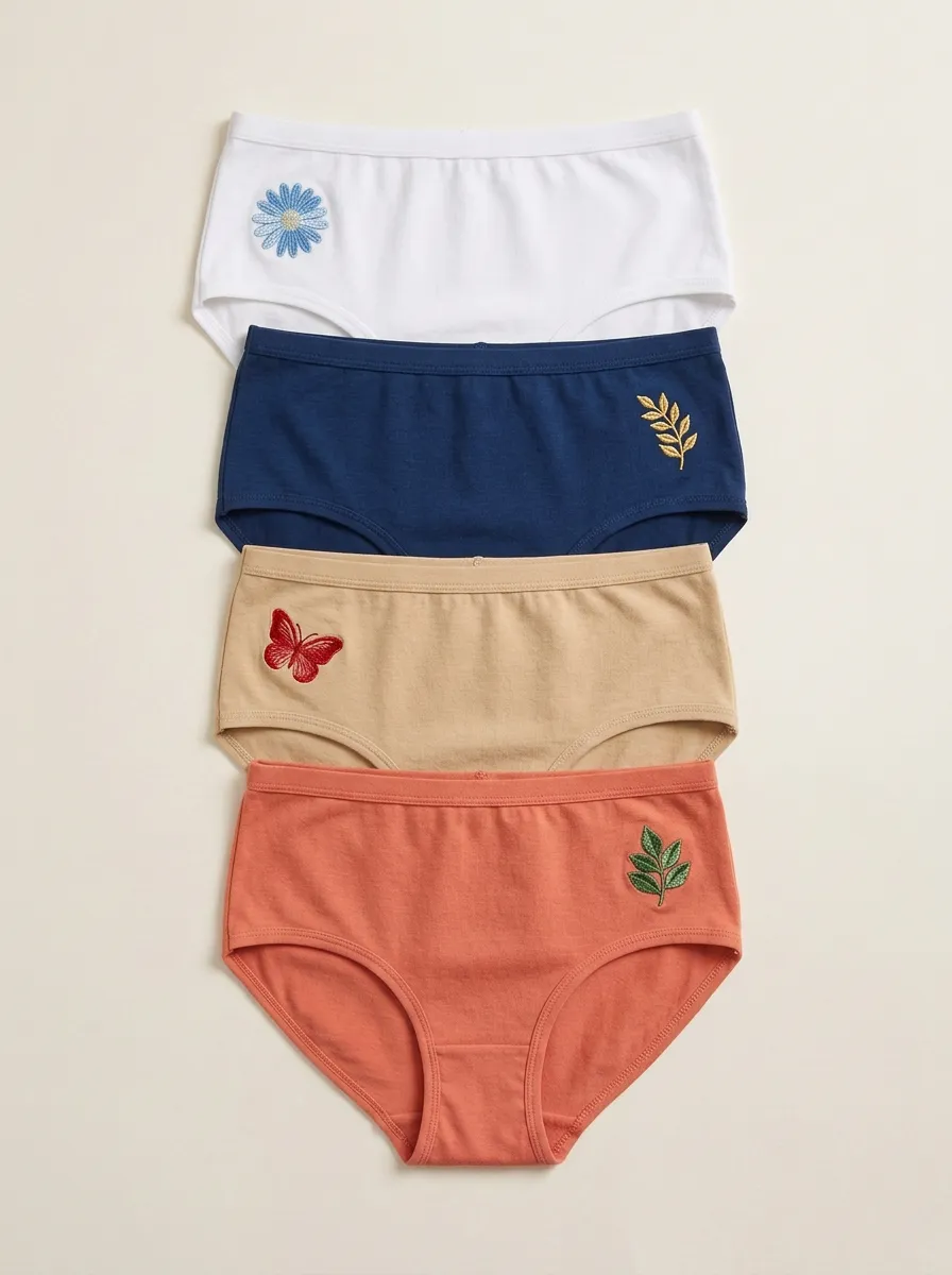 Women's Mid-Rise Butterfly Floral Leaf Embroidered Briefs Four Pack