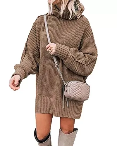 Women Fashion Sweater Short Dress Long Sleeve Turtleneck Oversized Fall Winter Soft Chunky Knit Pullover Sweaters