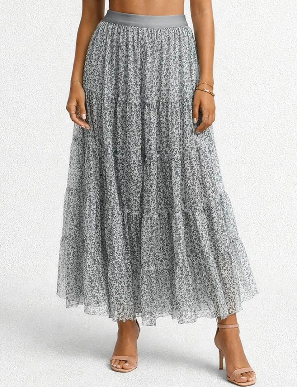 Elastic Waist Mesh Tiered Hem Maxi Skirt
