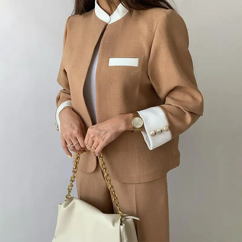 Women's Collarless Blazer & Pleated Straight Leg Trouser Set