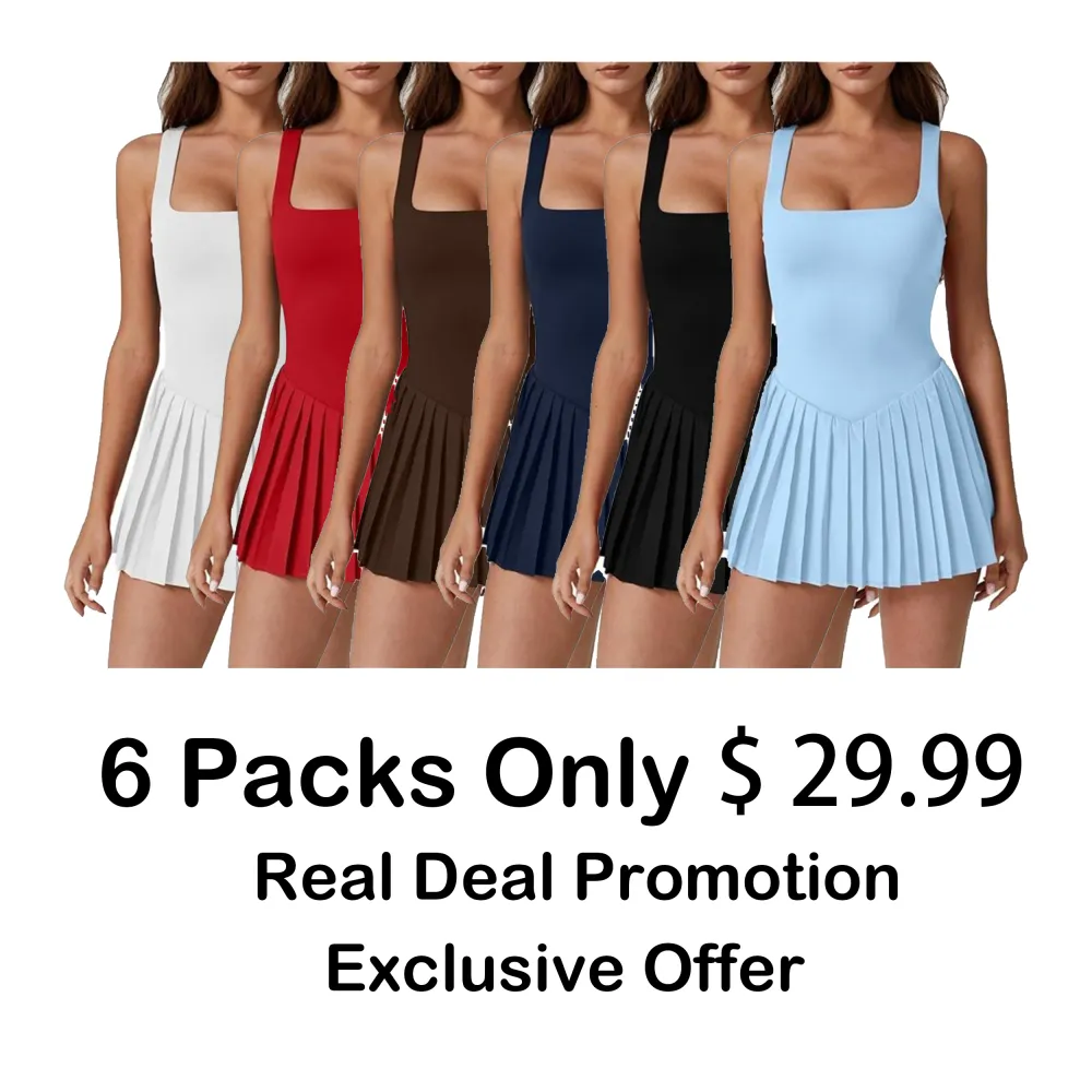 Women's Square Neck Tennis Dress with Built-in Shorts & Pockets – Pleated Sleeveless Golf Athletic Dress