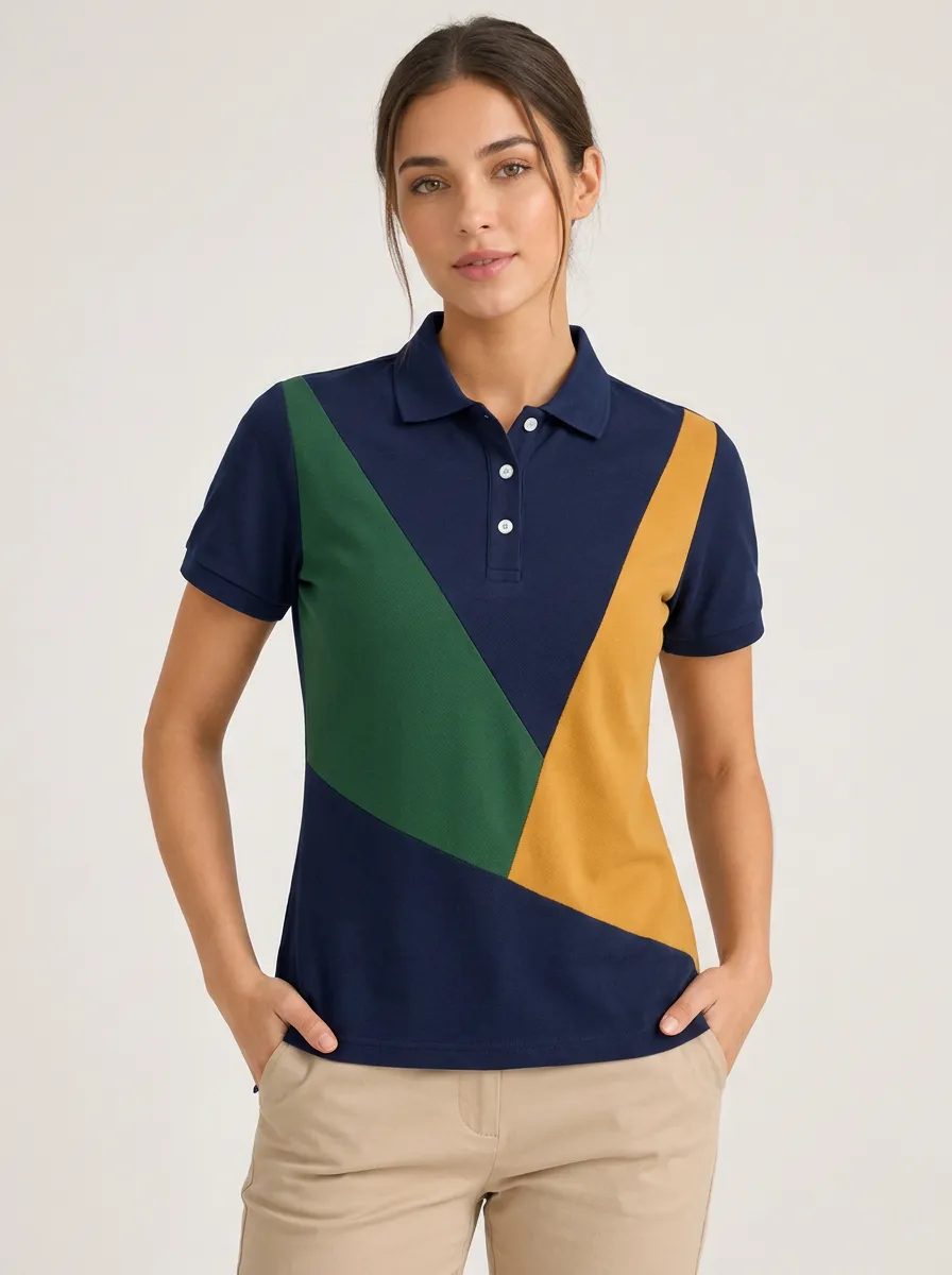 Women's Casual Style Colorblock Geometric Printed Polo Shirt