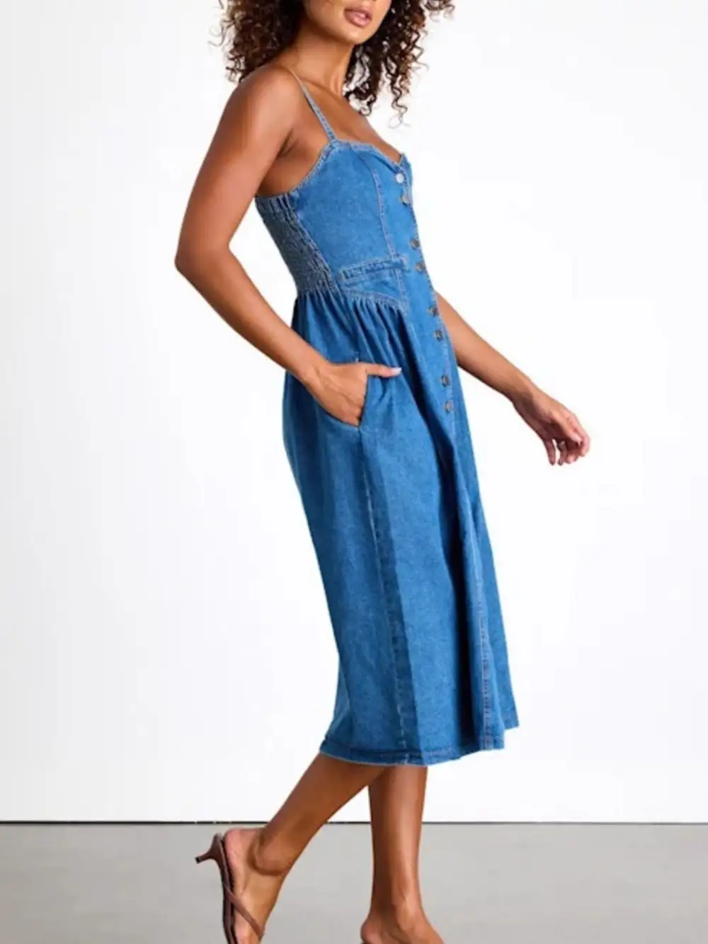 Relaxed Shape Denim Button Front Midi Dress