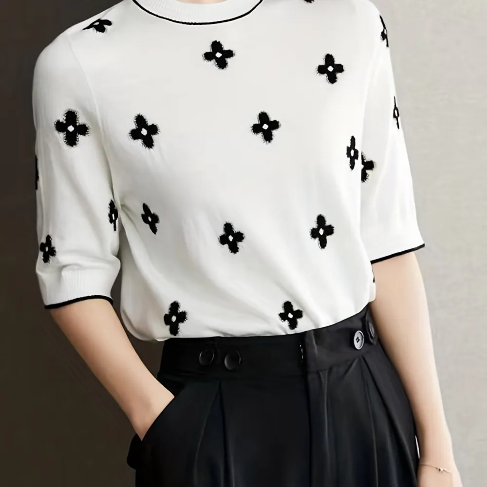 Day Floral Print Knit Sweater Casual Crew