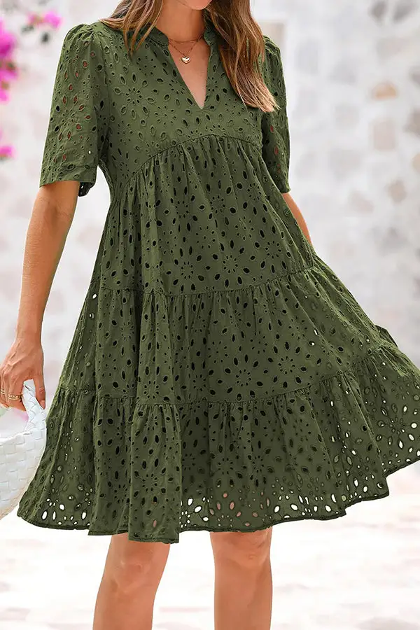 Lapel Solid Color Hollow Mini Dress