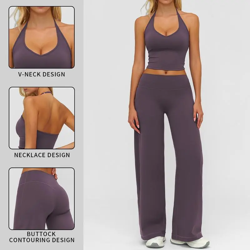 🔥Direct Factory Price - Women's Plain Crop Cami Top & Flare Leg Pants Sports Set