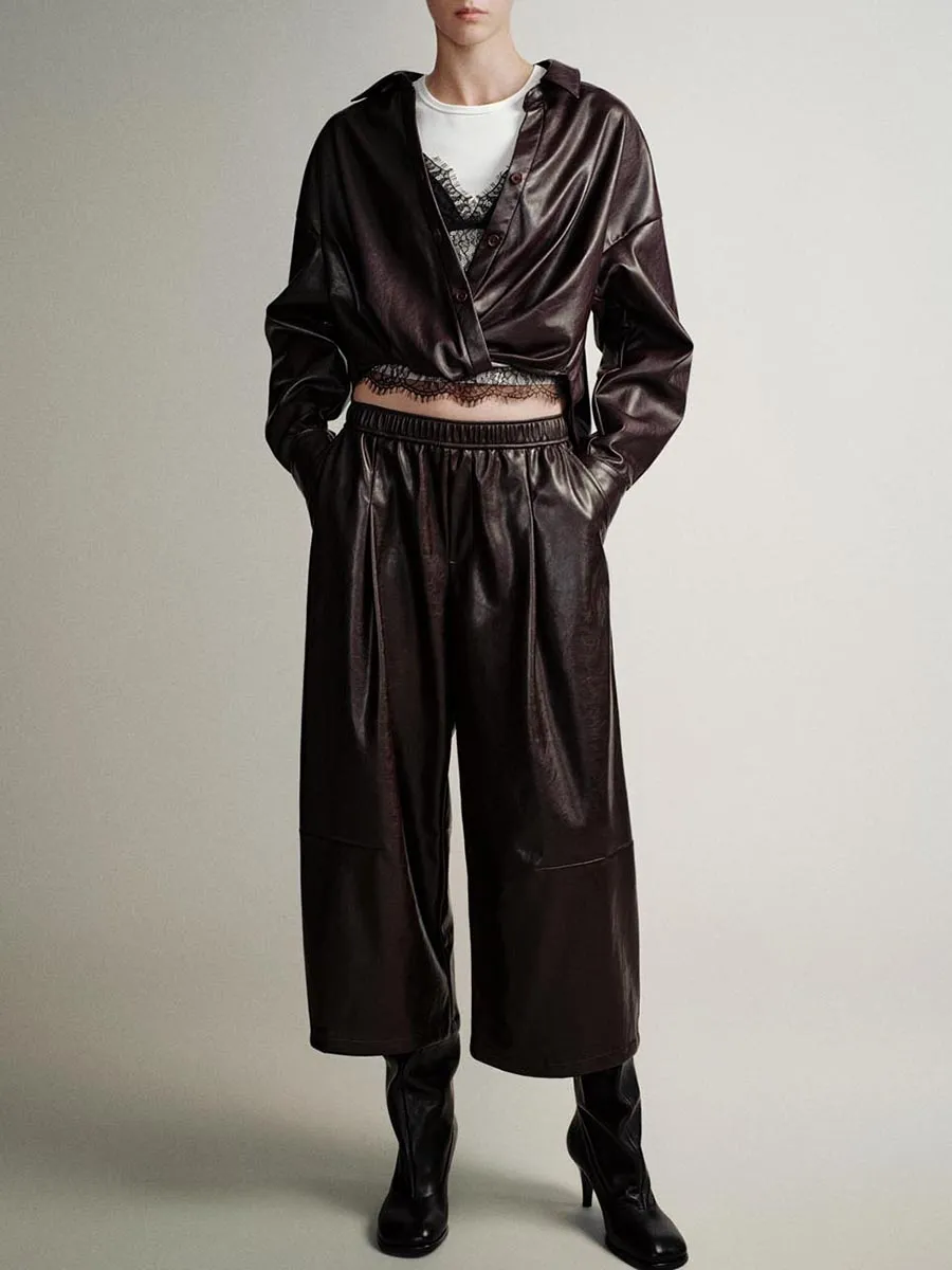 Ladies' Brown Leather Retro-Style Capri Pants