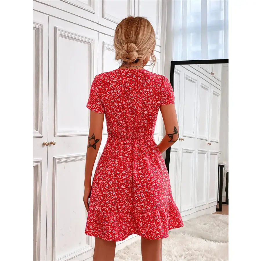 Ruffled Hem V-Neck Short Sleeve Mini Dress