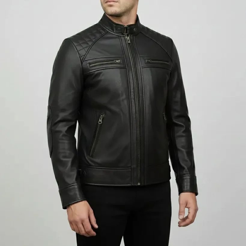 Textured Leather Biker Motorcycle Multi Pocket Jacket