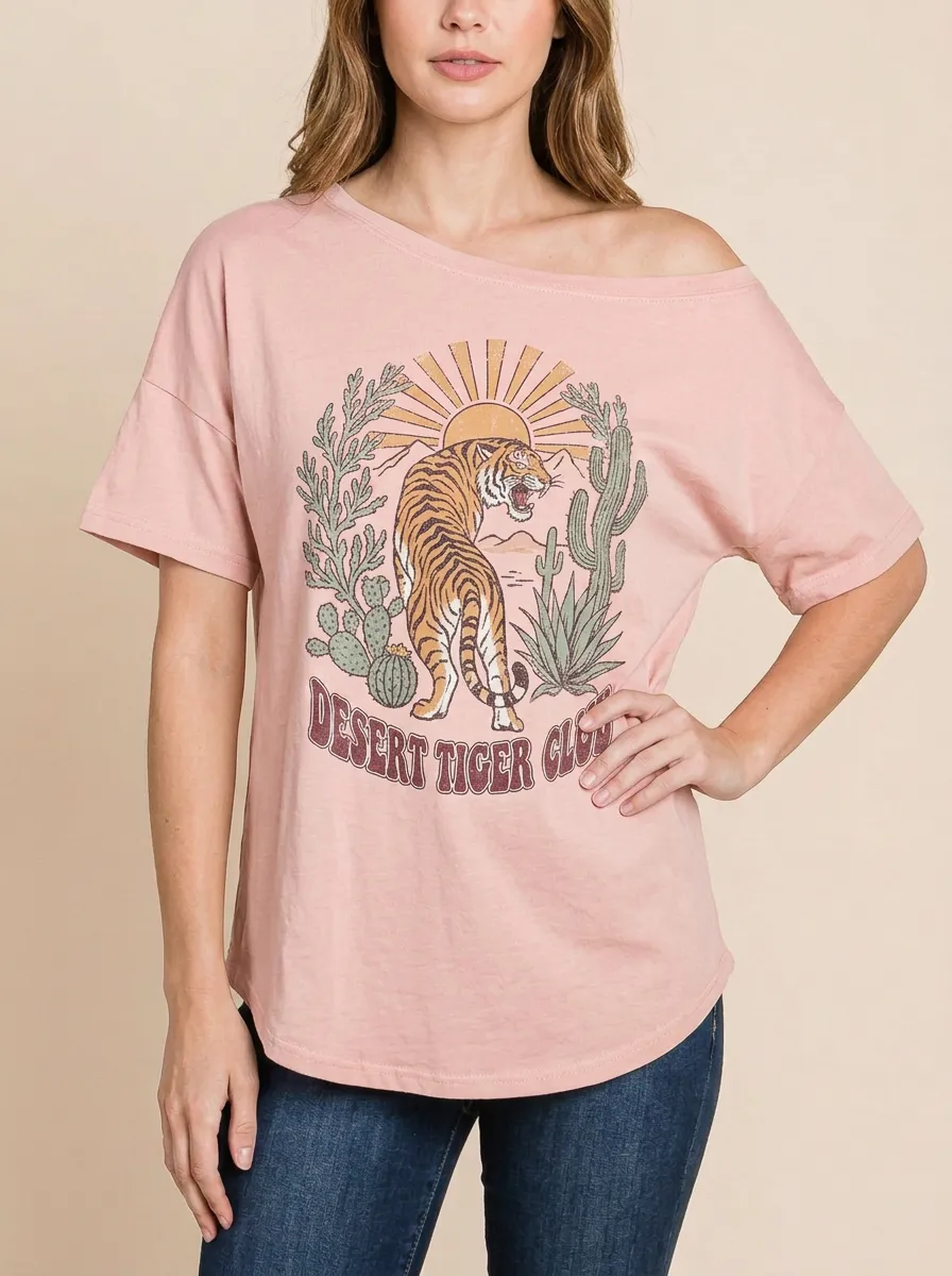 Women's Desert Tiger Club Cactus Sun Graphic Off-Shoulder T-Shirt