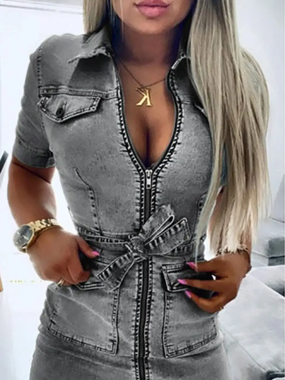 Comfort Fit Denim Zip Front Short Sleeve Dress