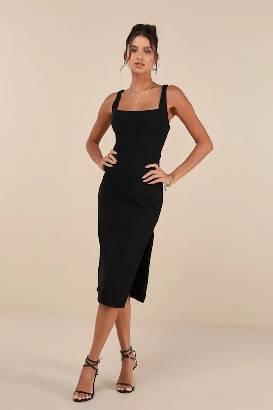 Vibrant Allure Black Square Neck Sleeveless Bodycon Midi Dress