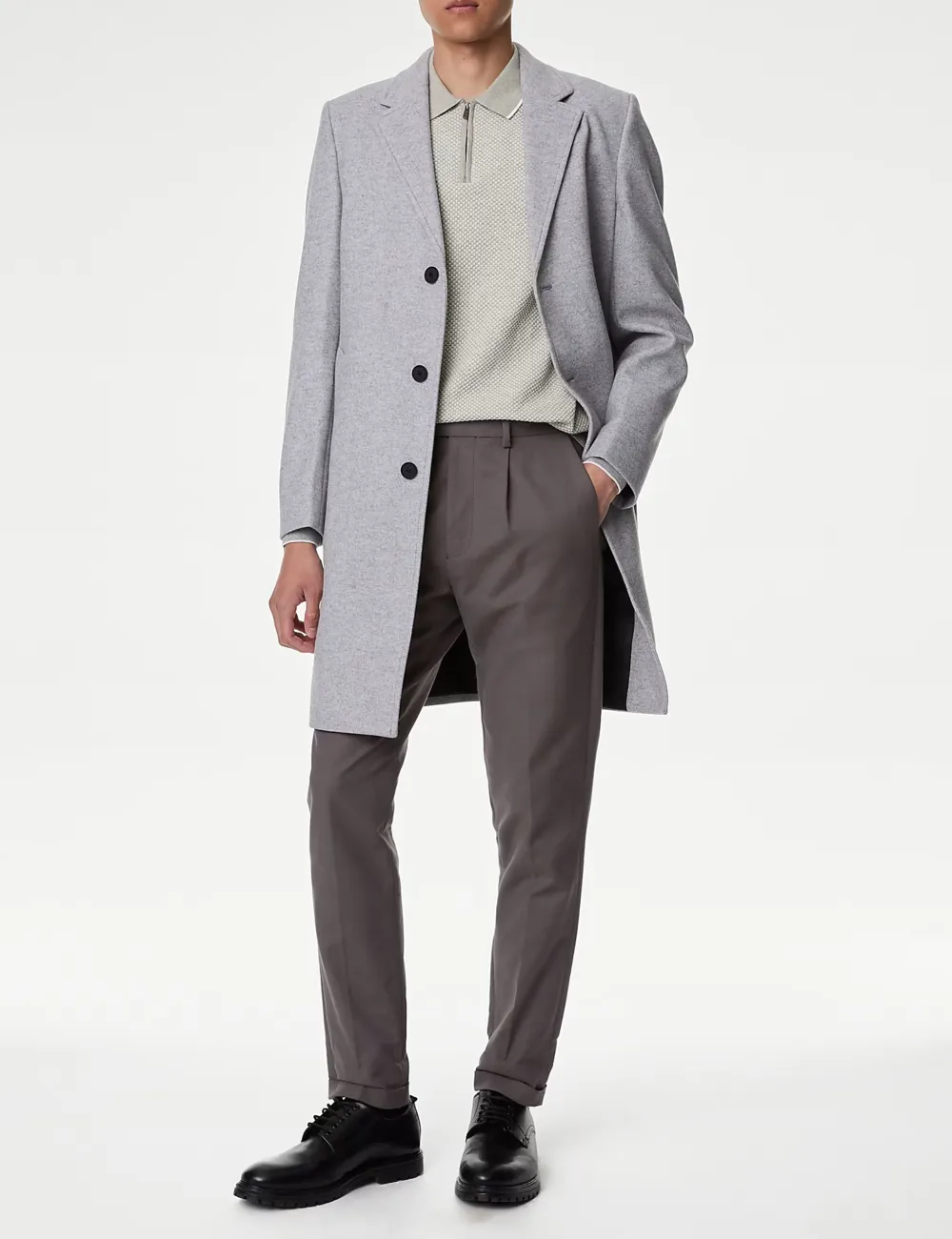 Men's Light Grey Single Breasted Long Overcoat
