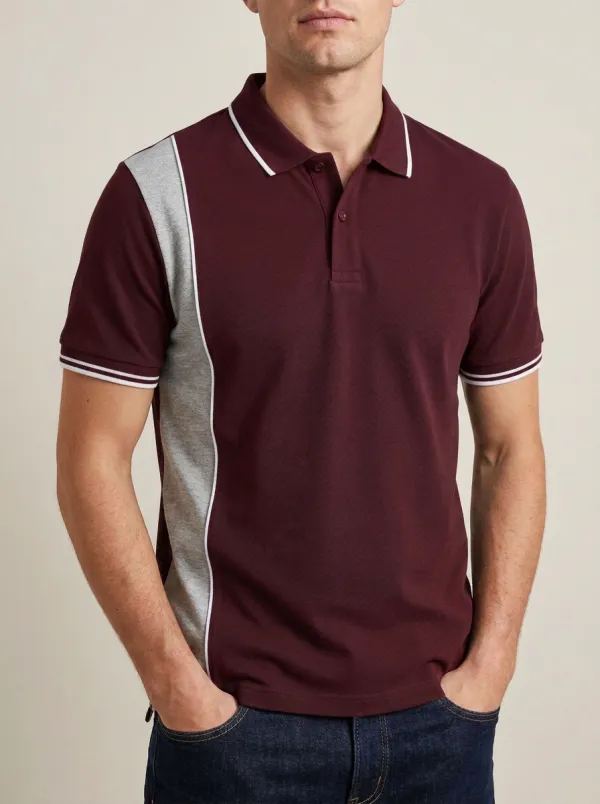 Men's Knit Ribbed Textured Colorblock Contrast-Panel Contrast-Piping Contrast-Trim Polo Shirt