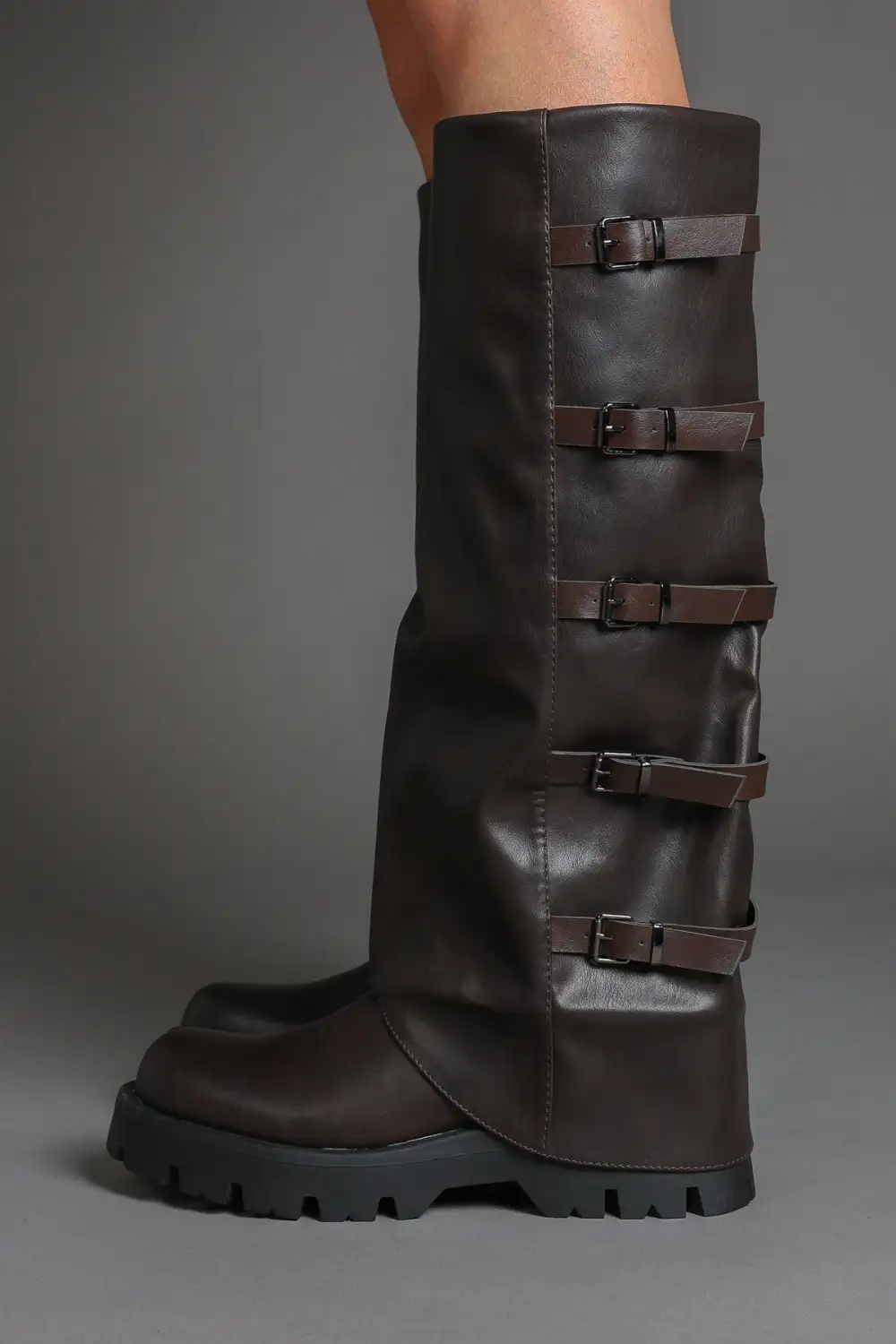 Slouch Fold-Over Chunky Sole Lug Sole Knee High Boots