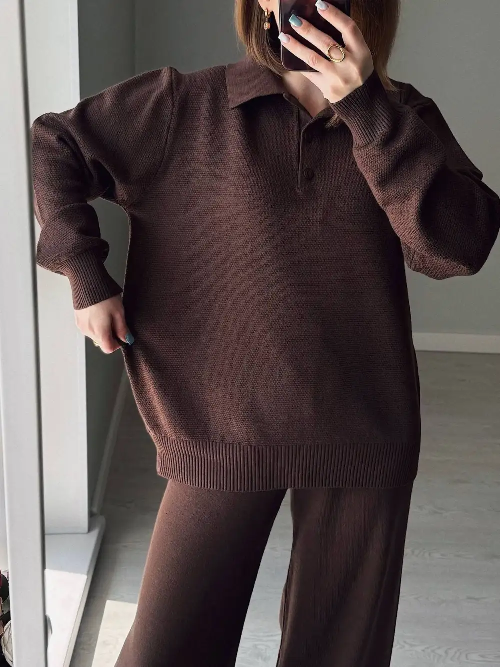 Polo Collar Top and Pants Or Skirt Knit Set