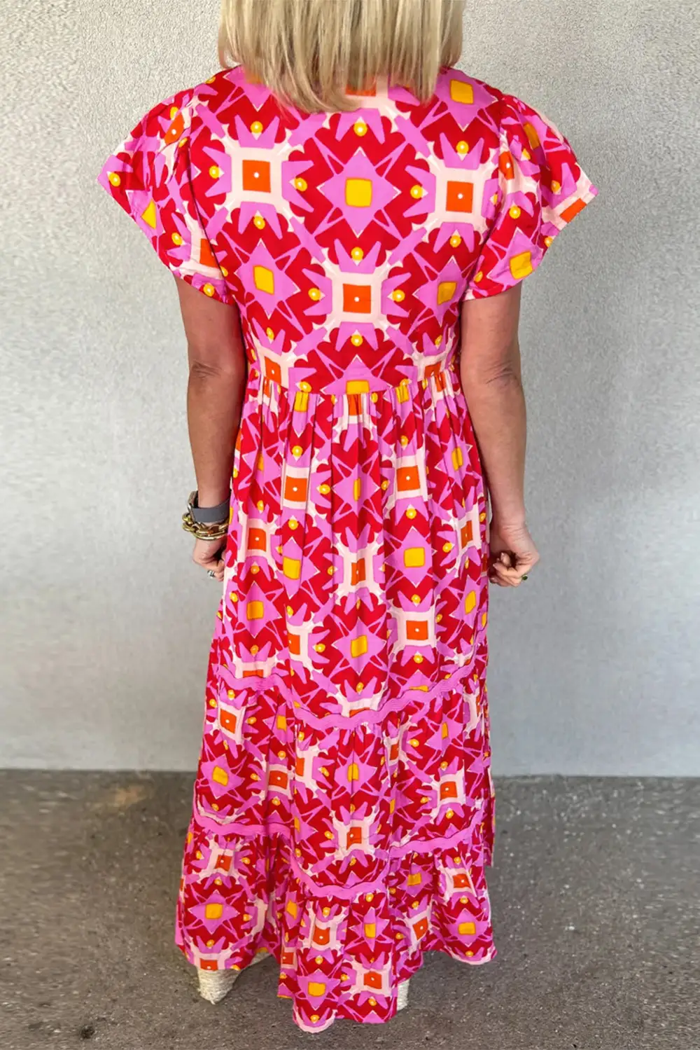 Strawberry Geo Print V-neck Maxi Dress