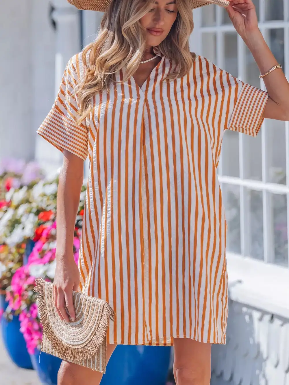 Striped V Neck Mini Dress