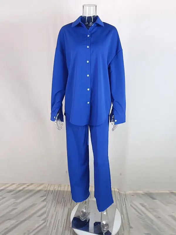 Long Sleeve Buttoned Pocket Blouse And Pants Set