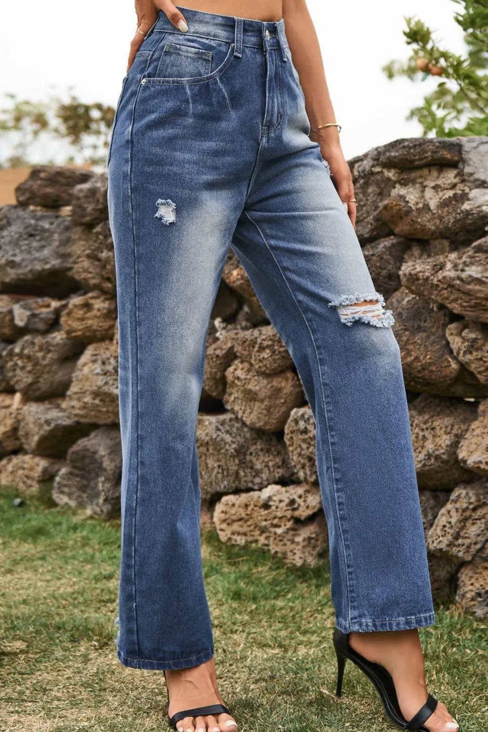 Contoured Loose Fit Distressed Denim Jeans