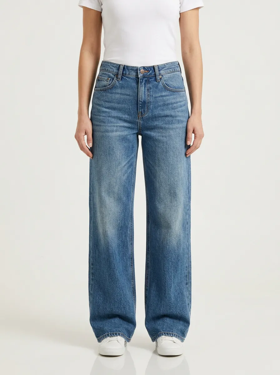 Women's Mid-Rise Faded Five-Pocket Wide-Leg Denim Jeans