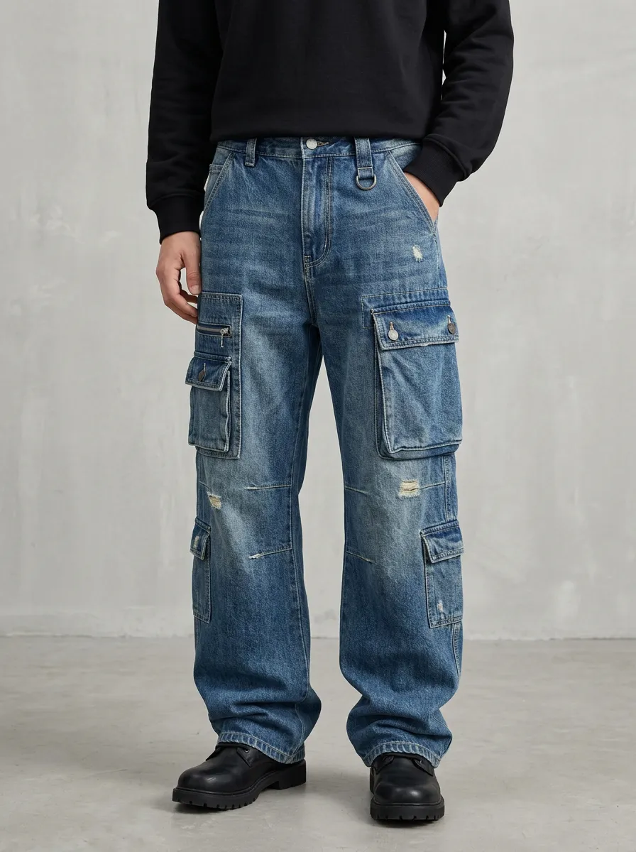 Men's Mid-Blue Workwear Straight-Leg Cargo Jeans