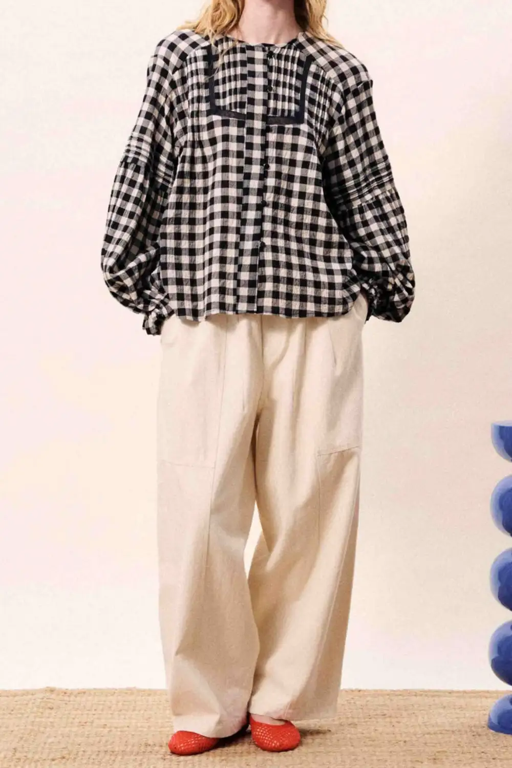 Gingham Plaid Button Front Pleated Shirt
