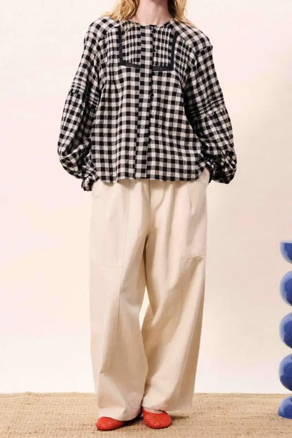 Gingham Plaid Button Front Pleated Shirt