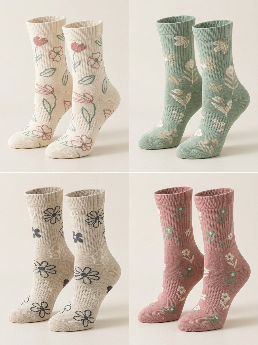 Women's Hand-Drawn Floral Ribbed Crew Sock Set
