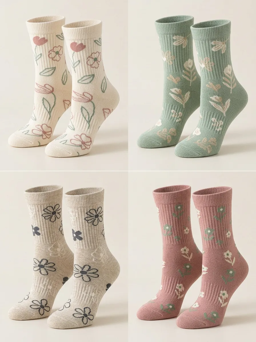Women's Hand-Drawn Floral Ribbed Crew Sock Set