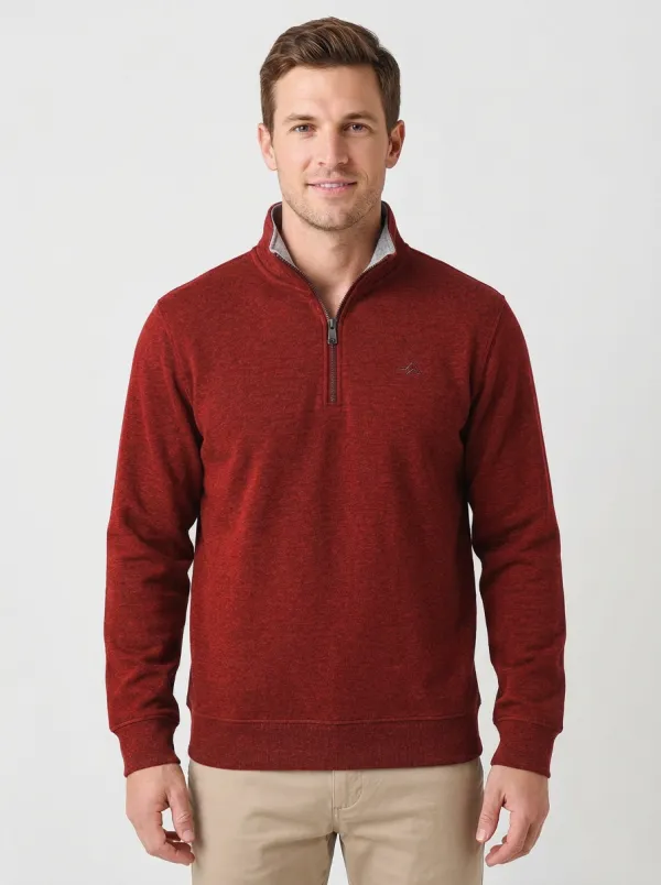 Men's Modern Minimalist Textured Embroidered Emblem Stand-Collar Quarter-Zip Sweatshirt