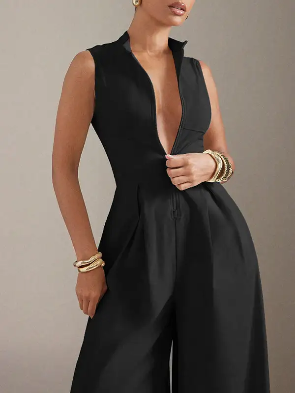 Mouwloze Jumpsuits Met Wijde Pijpen Geplooide Effen Kleur