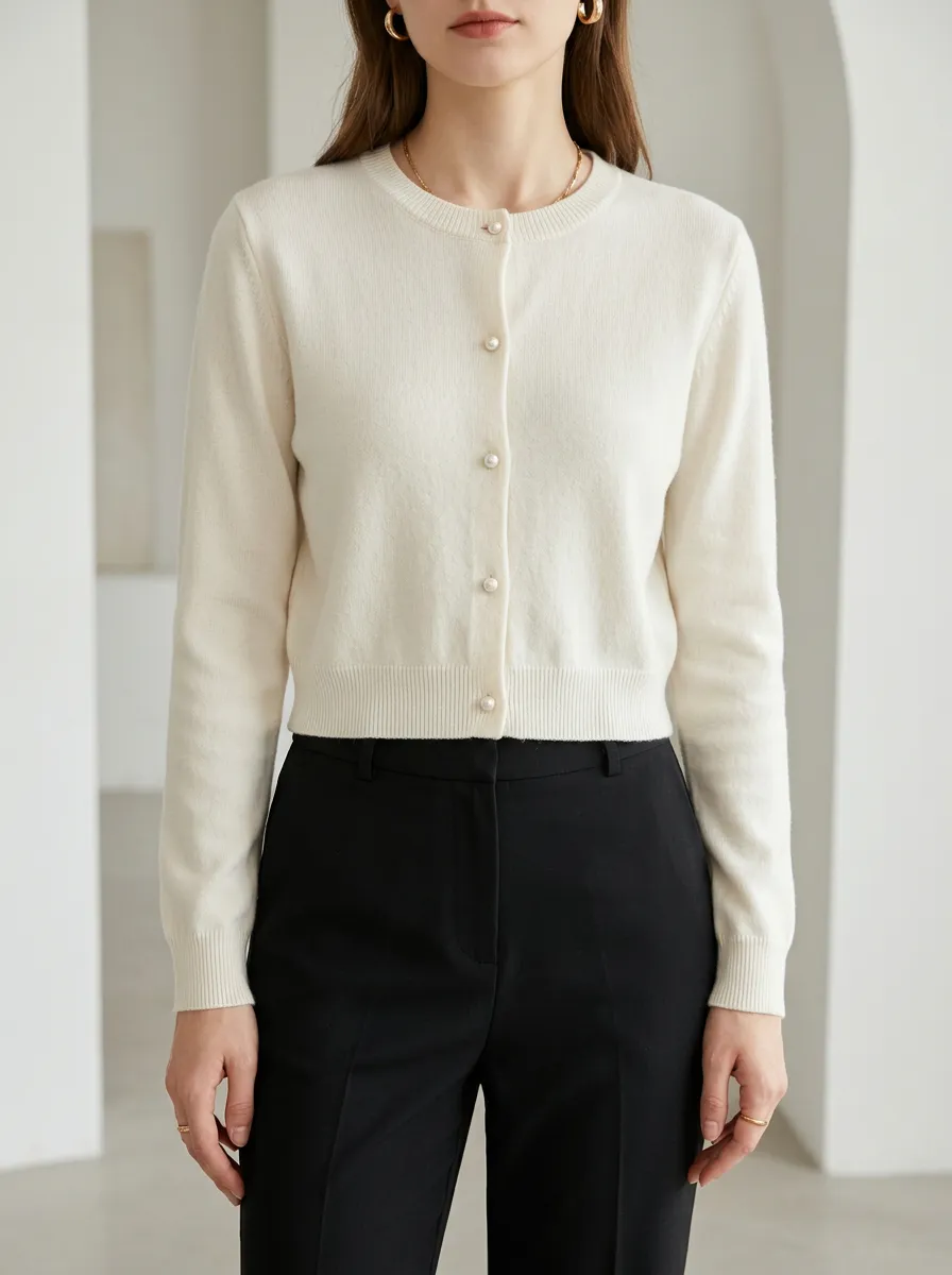 Women's Minimalist Cream Pearl Button Knitted Cardigan Top
